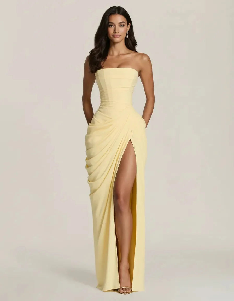 Le Dhalia — Robe De Soirée Drapée Sans Bretelles — Jaune